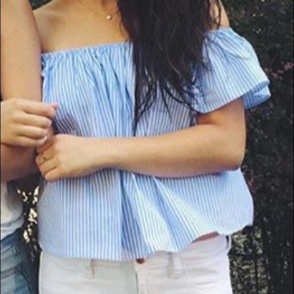 Blue and White Striped Off The Shoulder Top
